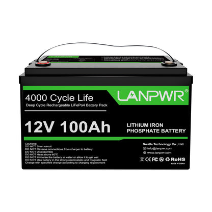 【Today Only $29.88⚡】LANPWR 12V 100Ah LiFePO4 Battery with 4000+ Deep Cycles & Built-In 100A BMS, 1280Wh Best RV Lithium Battery