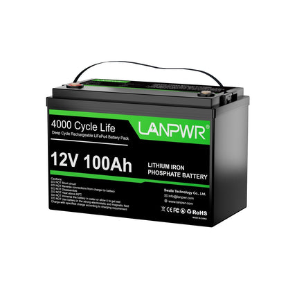 【Today Only $29.88⚡】LANPWR 12V 100Ah LiFePO4 Battery with 4000+ Deep Cycles & Built-In 100A BMS, 1280Wh Best RV Lithium Battery