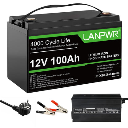 【Today Only $29.88⚡】LANPWR 12V 100Ah LiFePO4 Battery with 4000+ Deep Cycles & Built-In 100A BMS, 1280Wh Best RV Lithium Battery