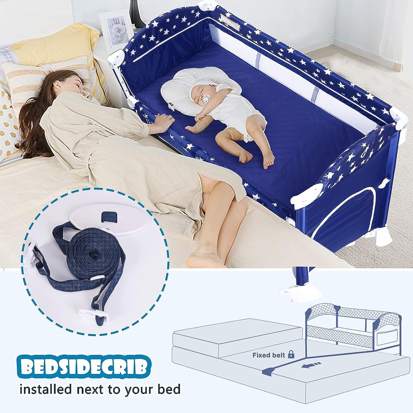 4 in 1 Pack and Play Portable Baby Playard Bedside Sleeper Foldable Bassinet Bed with Luxury Mosquito Net